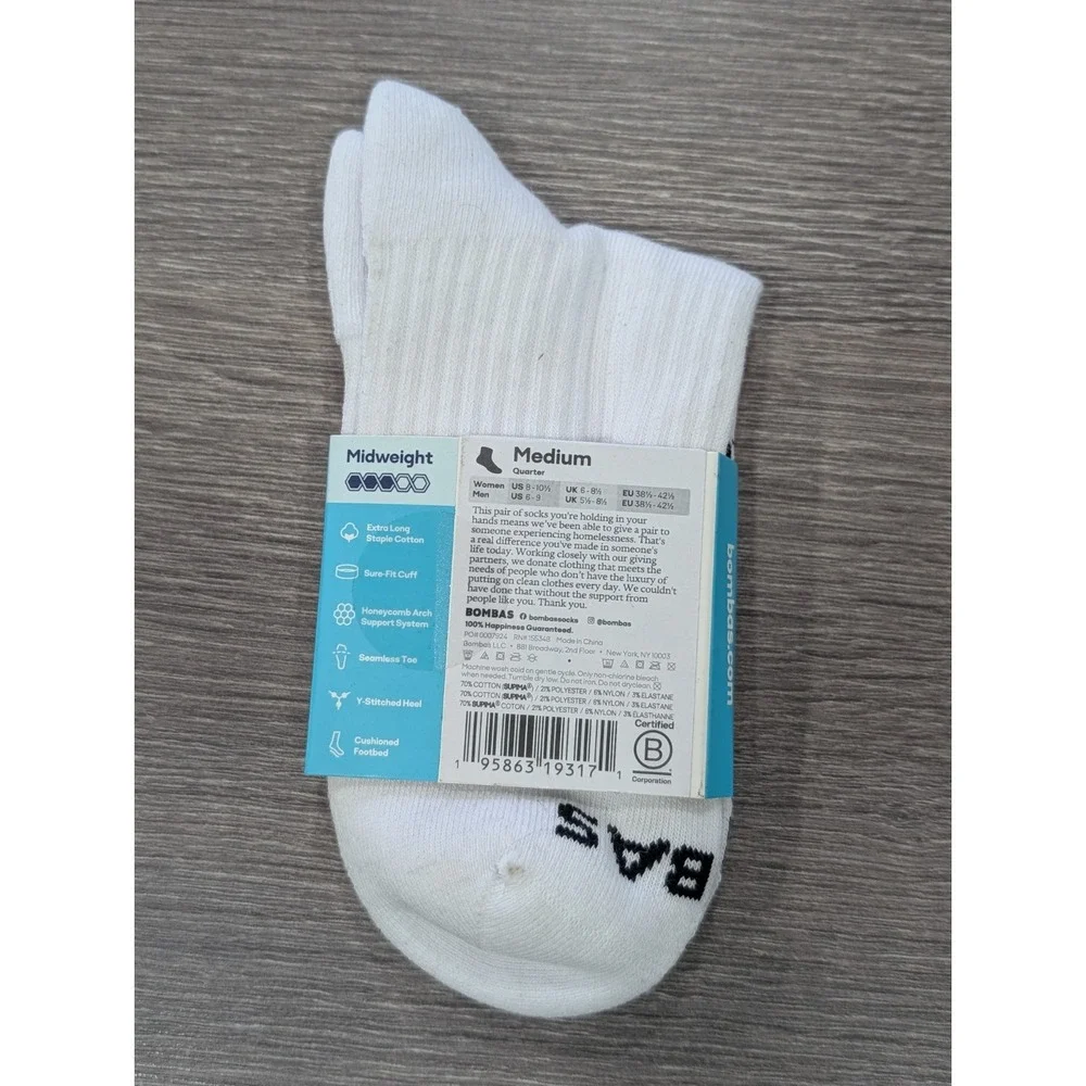 NWT Bombas Quarter Socks Medium W 8-10.5 M 6-9 Midweight White Honeycomb
